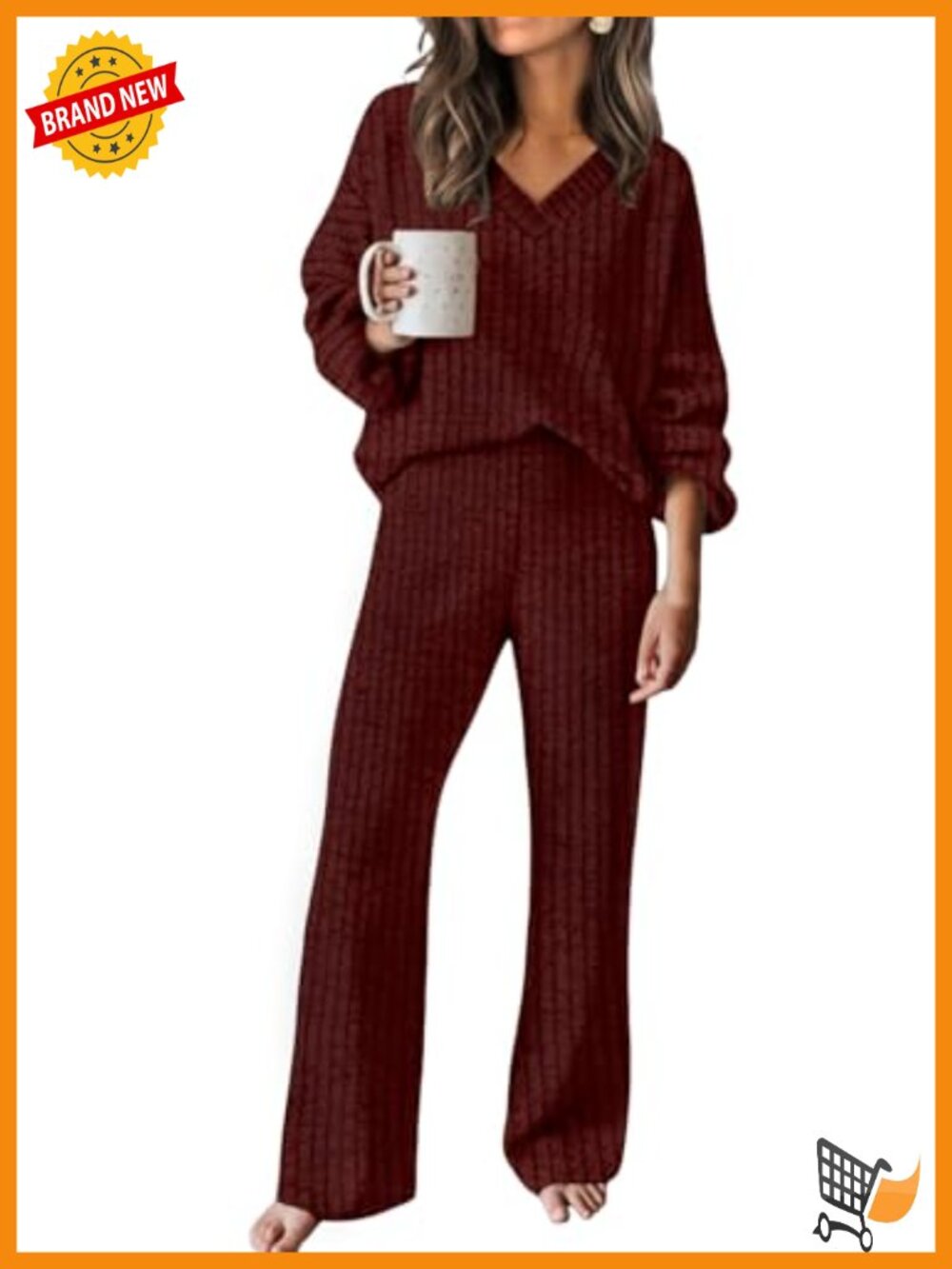 Womens Cozy Lounge Set V-Neck Sweater Wide Leg Pants Travel Outfit
